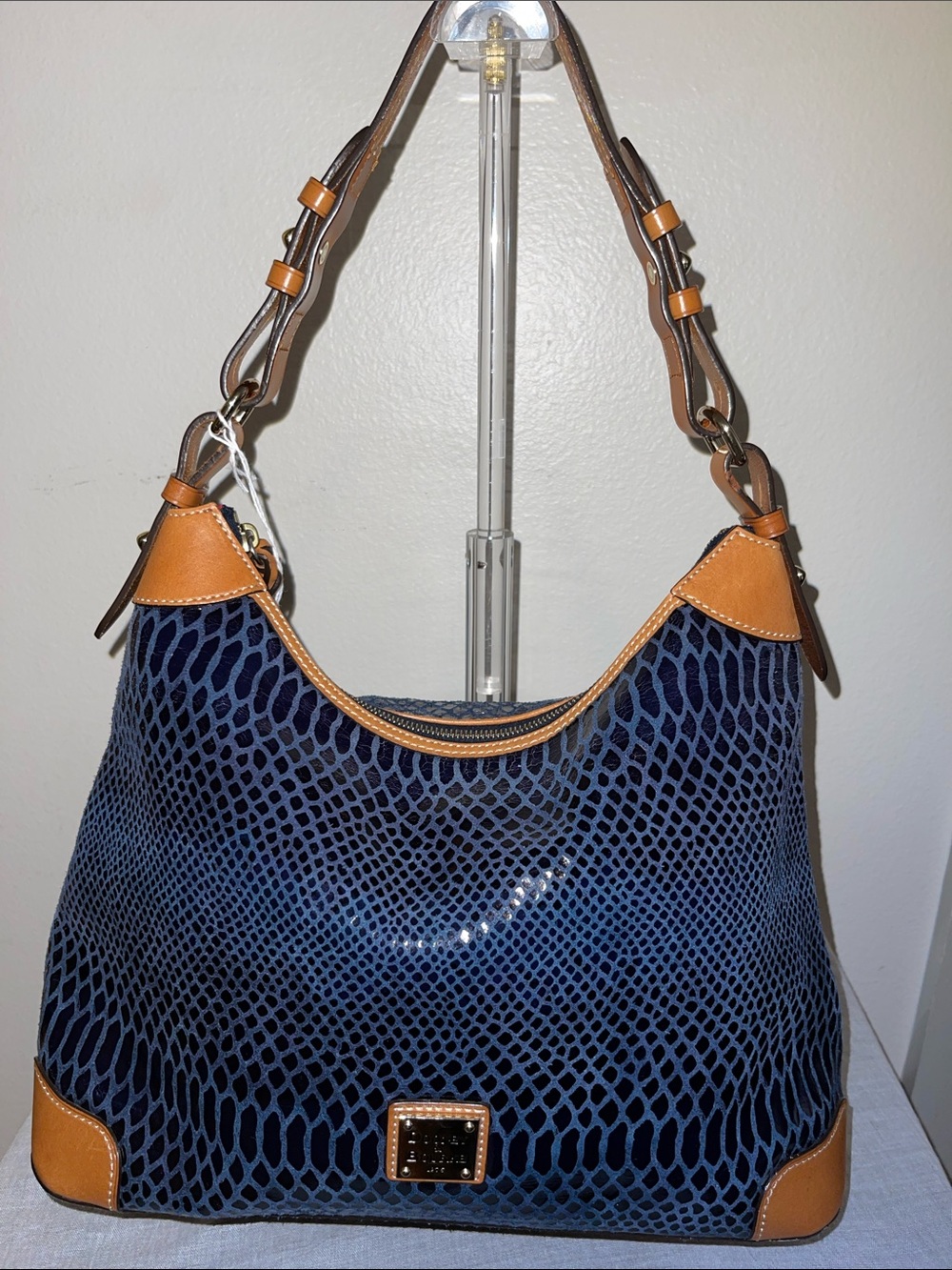 Dooney & Bourke Navy Snake-Print Hobo with Tan Trim